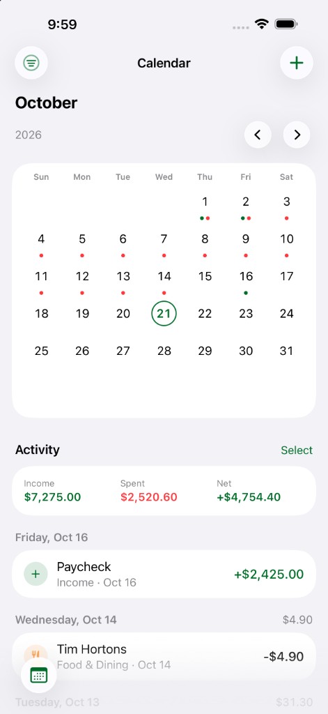 Calendar view of daily spending