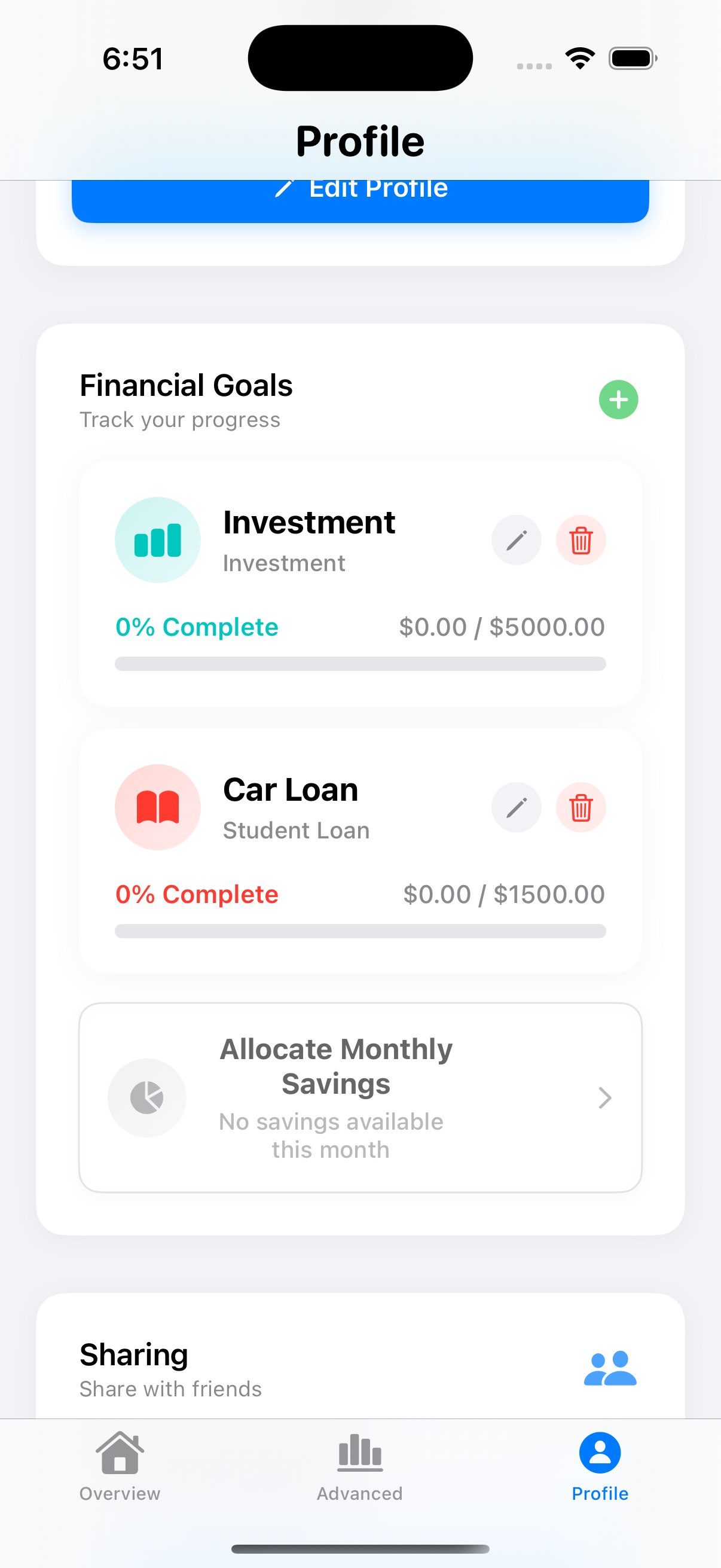 Goals screen
